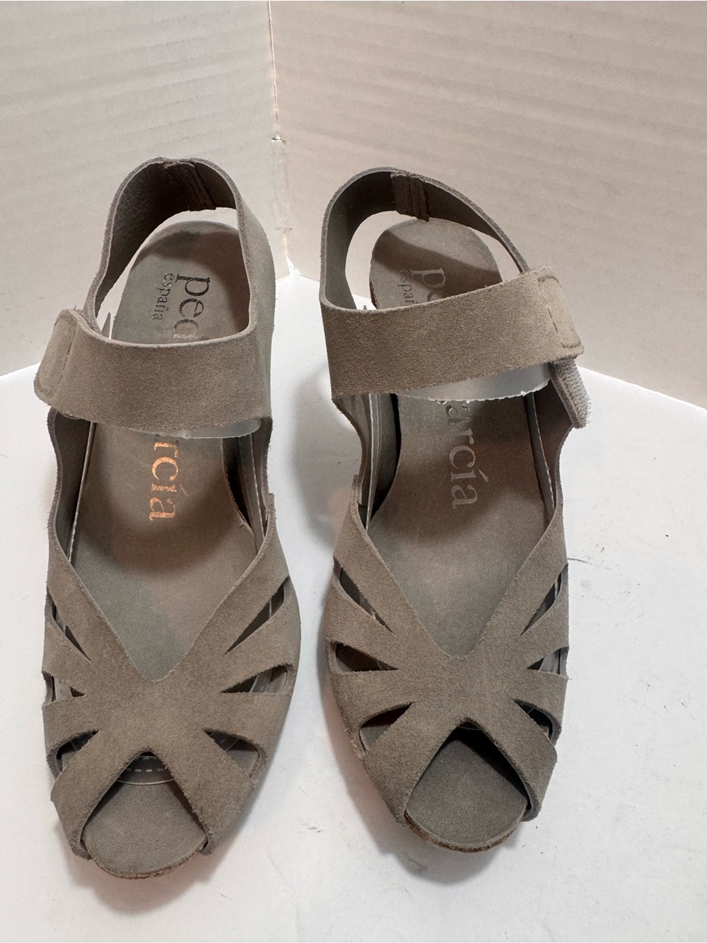 Pedro Garcia Taupe Suede Cutout Peep Toe Sandals Heels Size 37.5 / US 7.5